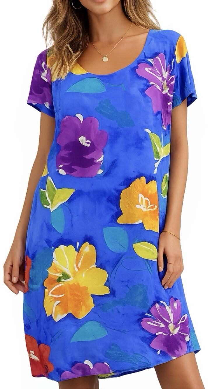 Jams World Sz L Hula Moon Trademark Hawaii Shift Cobalt Blue Yellow Dress